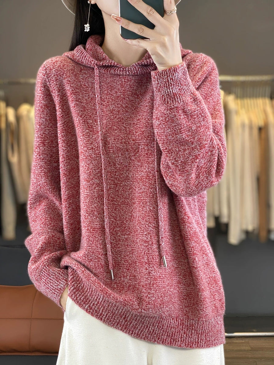 Women Autumn Pure Color 100%Wool Hooded Sweater