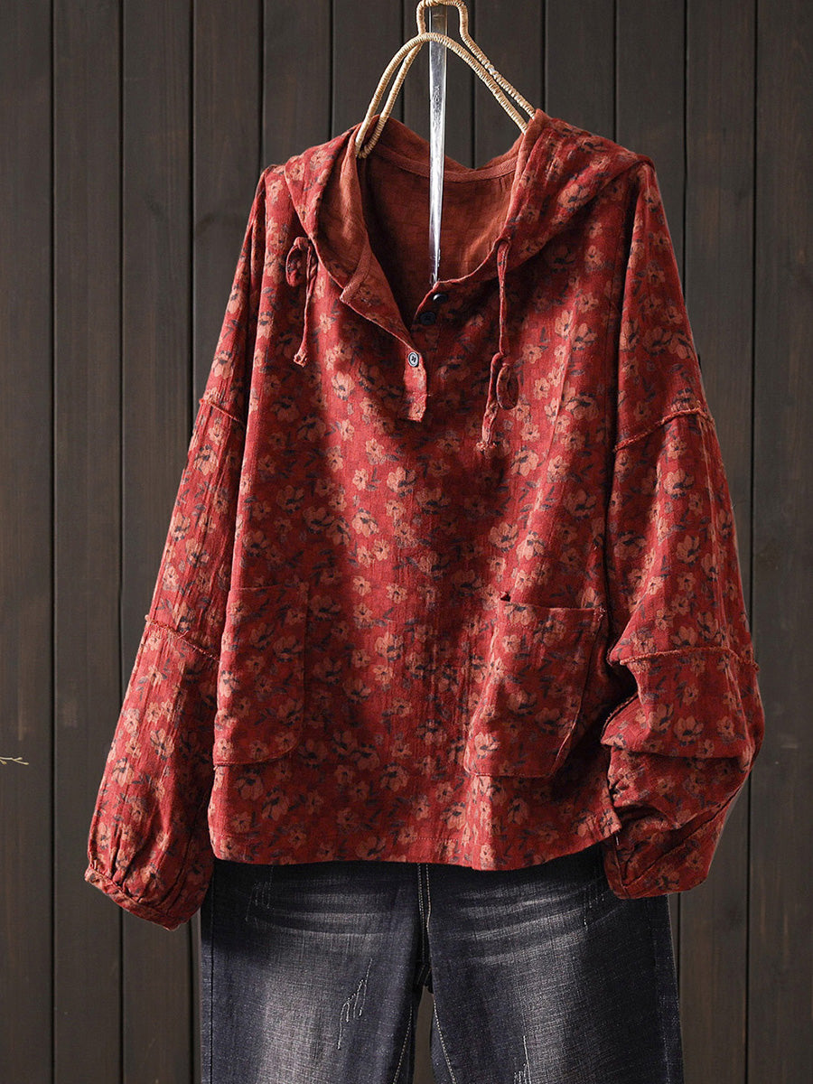 Women Autumn Artsy Flower 100%Cotton Hoodie