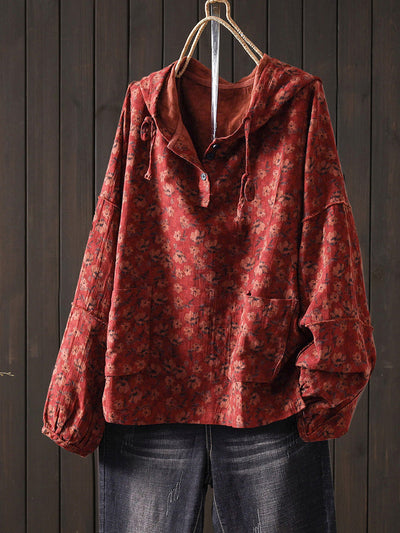 Women Autumn Artsy Flower 100%Cotton Hoodie