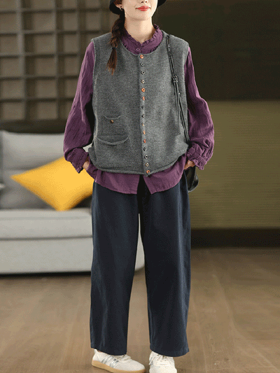 Women Autumn Artsy Pure Color O-Neck Knitted Vest