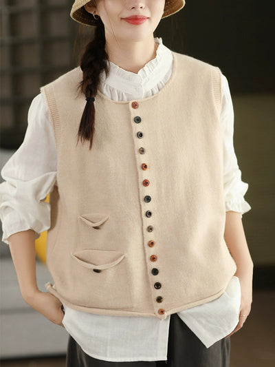 Women Autumn Artsy Pure Color O-Neck Knitted Vest
