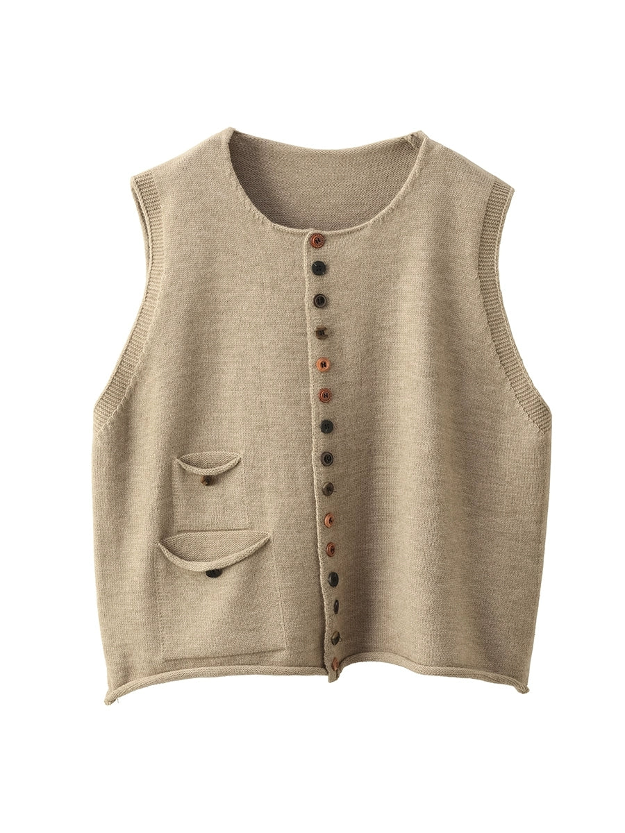 Women Autumn Artsy Pure Color O-Neck Knitted Vest