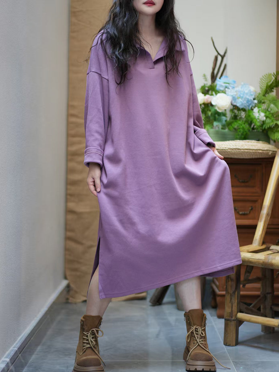 Women Autumn Pure Color Turn-down Collar Cotton Dress