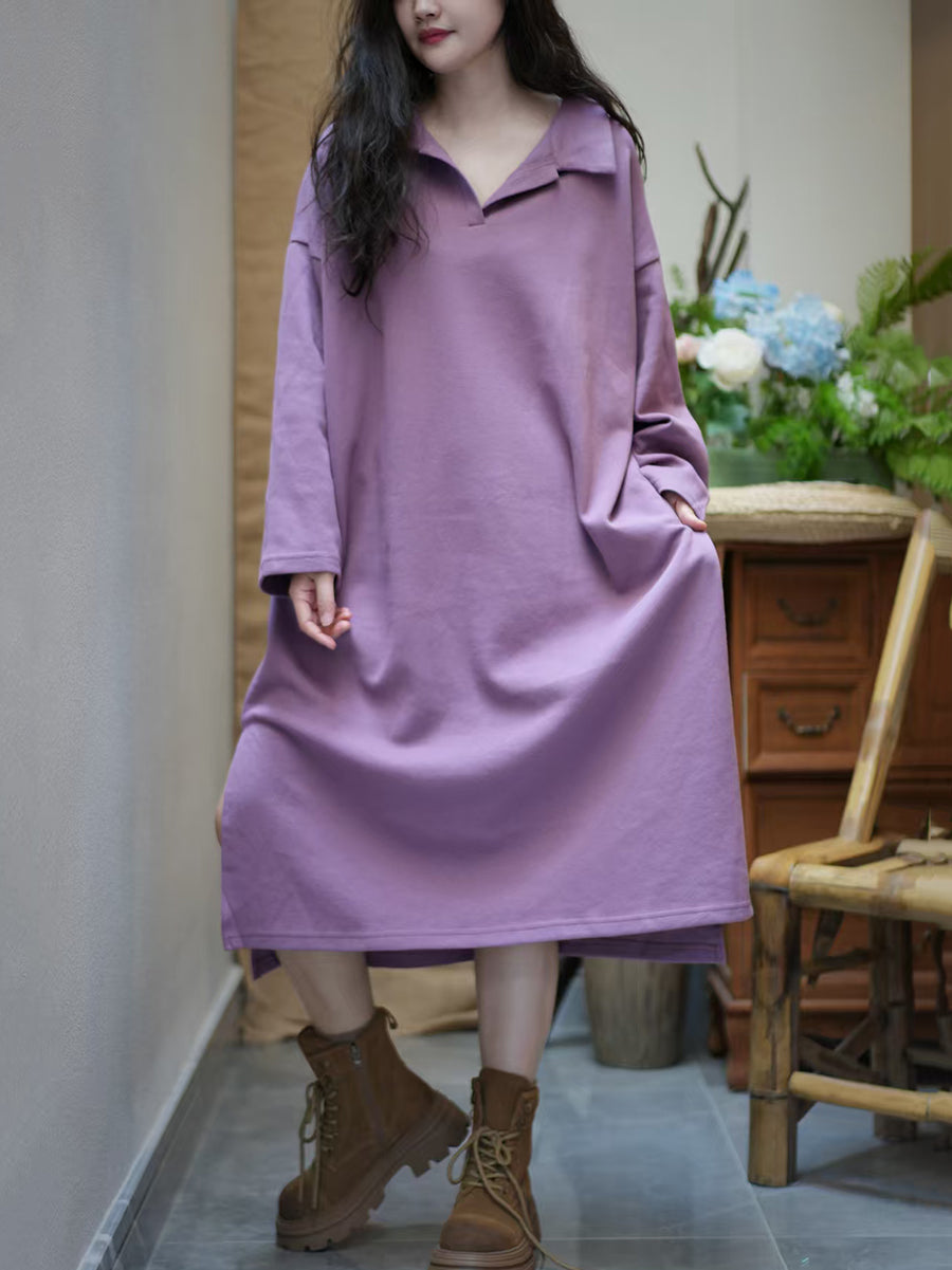 Women Autumn Pure Color Turn-down Collar Cotton Dress