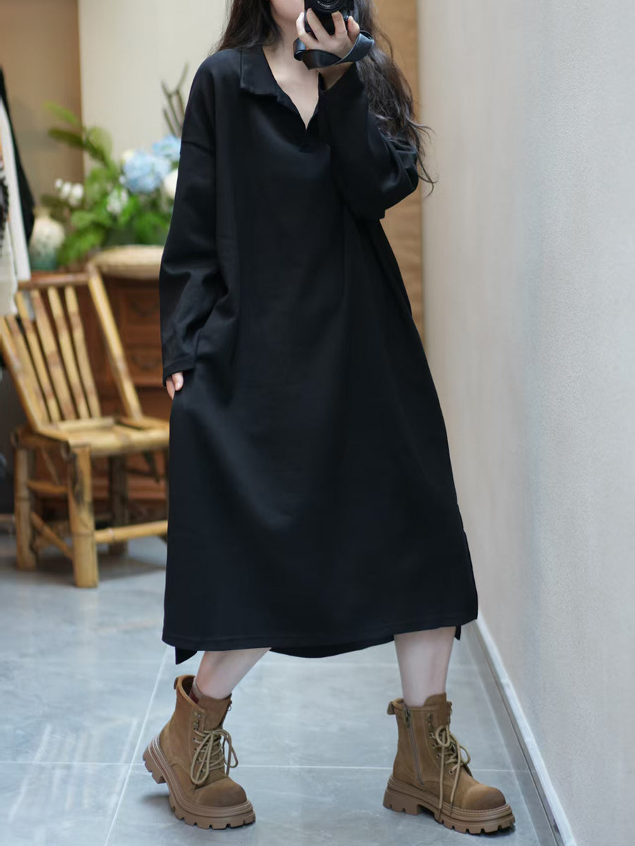 Women Autumn Pure Color Turn-down Collar Cotton Dress