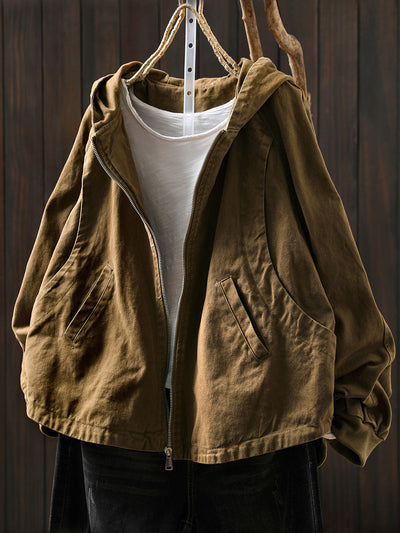 Women Autumn Casual Pure Color Hooded Cotton Coat