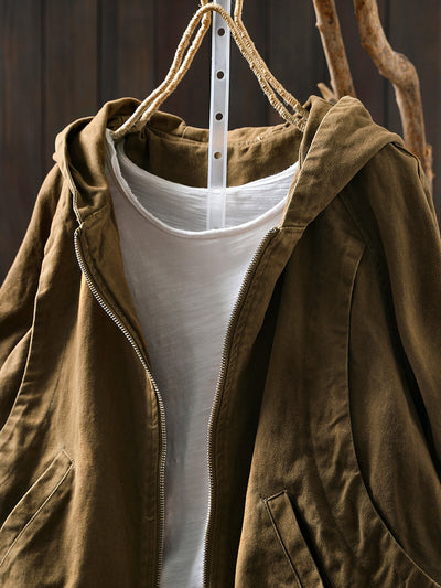 Women Autumn Casual Pure Color Hooded Cotton Coat