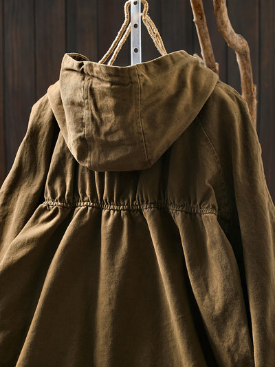 Women Autumn Casual Pure Color Hooded Cotton Coat