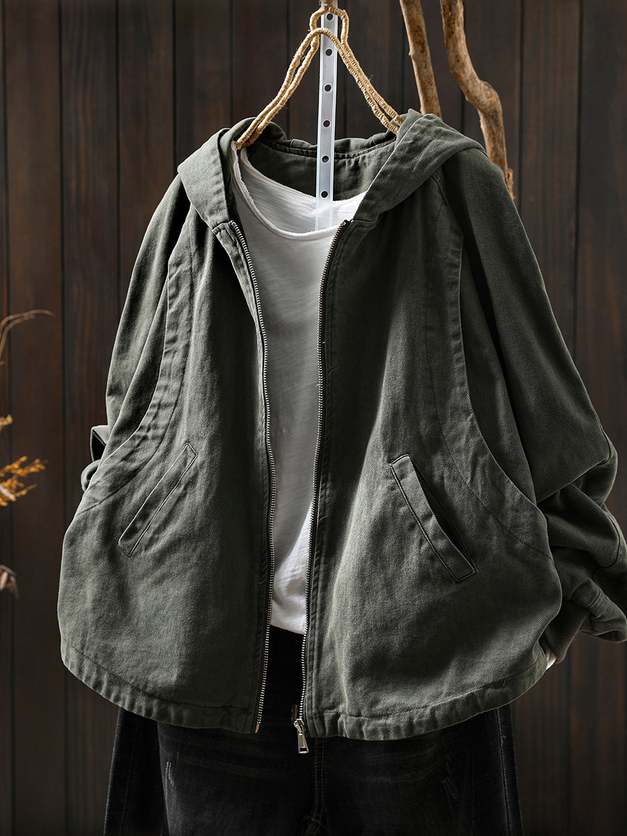 Women Autumn Casual Pure Color Hooded Cotton Coat