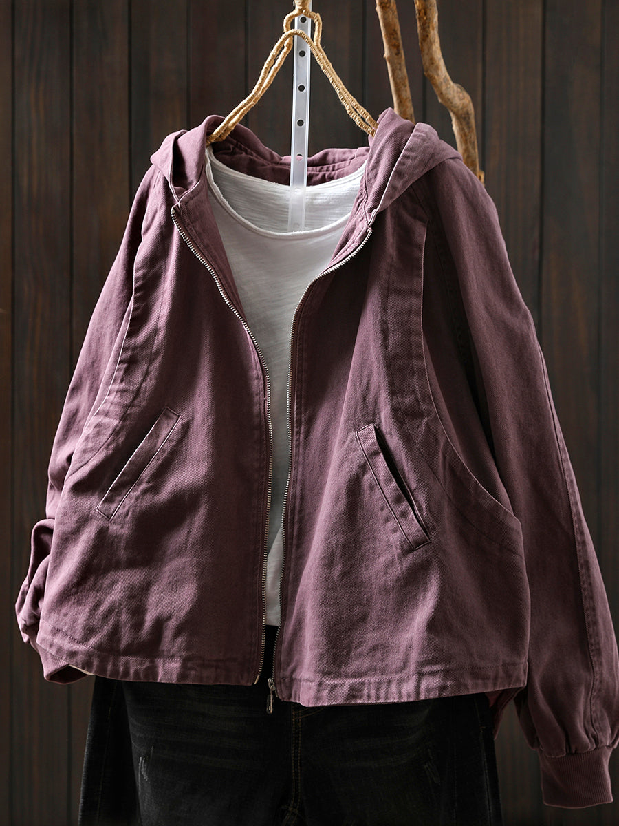 Women Autumn Casual Pure Color Hooded Cotton Coat