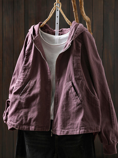 Women Autumn Casual Pure Color Hooded Cotton Coat
