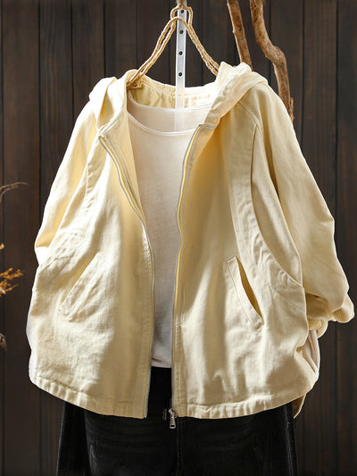Women Autumn Casual Pure Color Hooded Cotton Coat