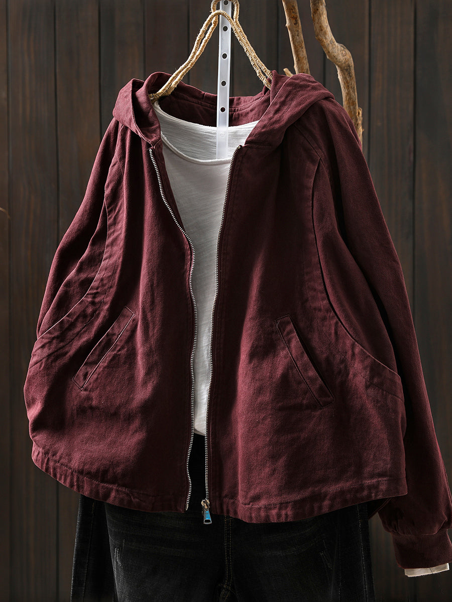 Women Autumn Casual Pure Color Hooded Cotton Coat