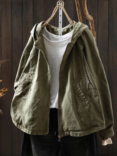 Women Autumn Casual Pure Color Hooded Cotton Coat
