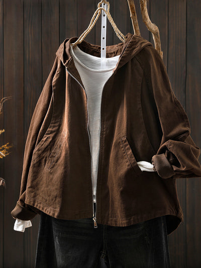 Women Autumn Casual Pure Color Hooded Cotton Coat