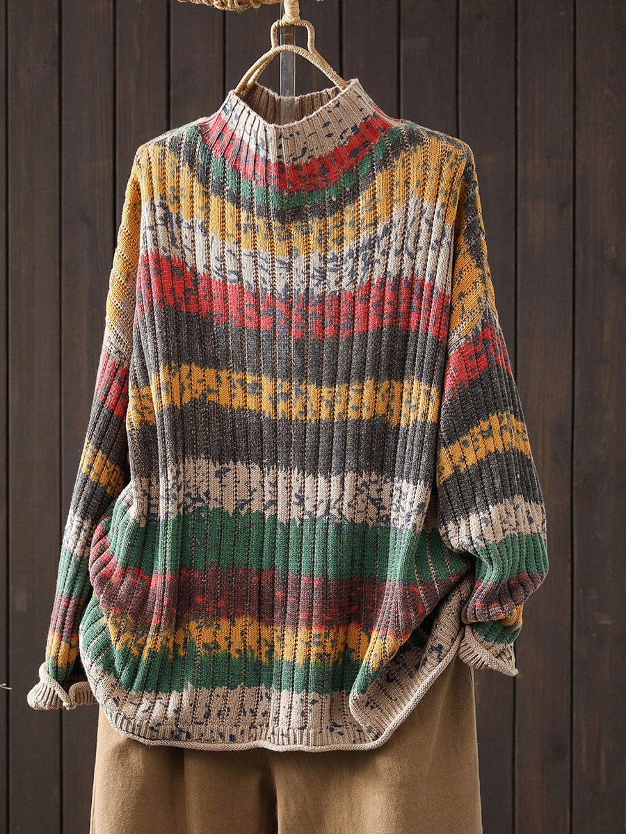 Women Autumn Colorblock Stripe Half-Turtleneck Sweater