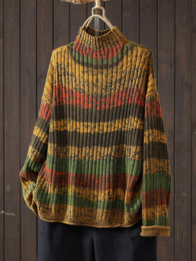 Women Autumn Colorblock Stripe Half-Turtleneck Sweater