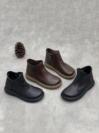 Women Winter Soft Leather Pure Color Flat Ankle Boots