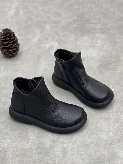 Women Winter Soft Leather Pure Color Flat Ankle Boots