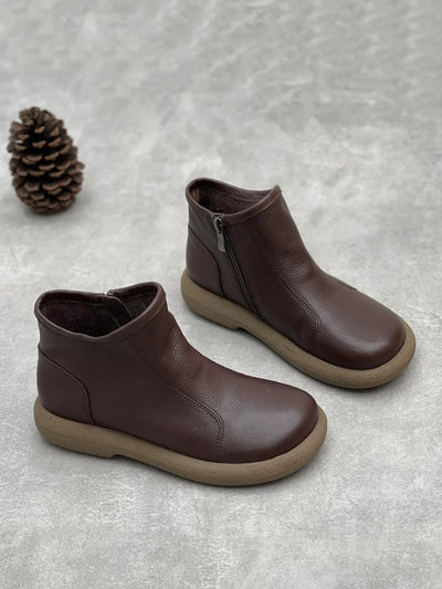 Women Winter Soft Leather Pure Color Flat Ankle Boots