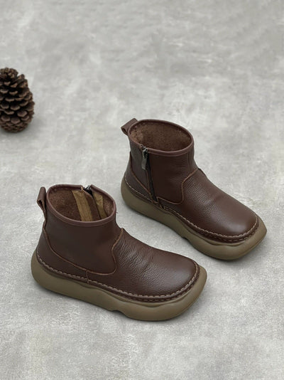Women Winter Genuine Leather Spliced Flat Ankle Boots