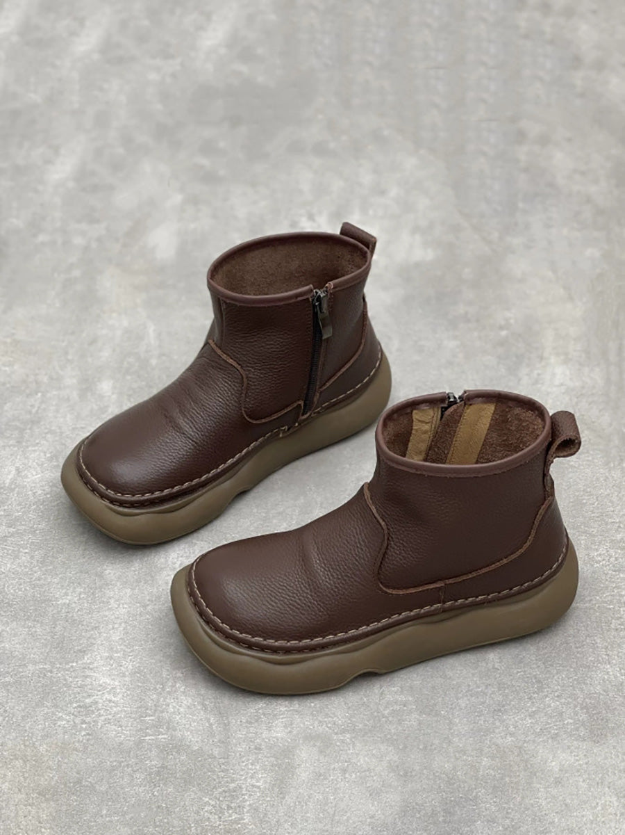 Women Winter Genuine Leather Spliced Flat Ankle Boots