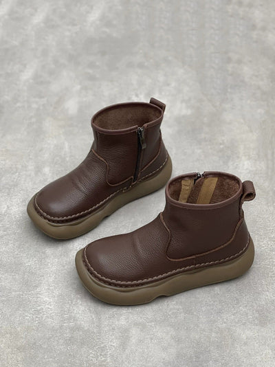 Women Winter Genuine Leather Spliced Flat Ankle Boots