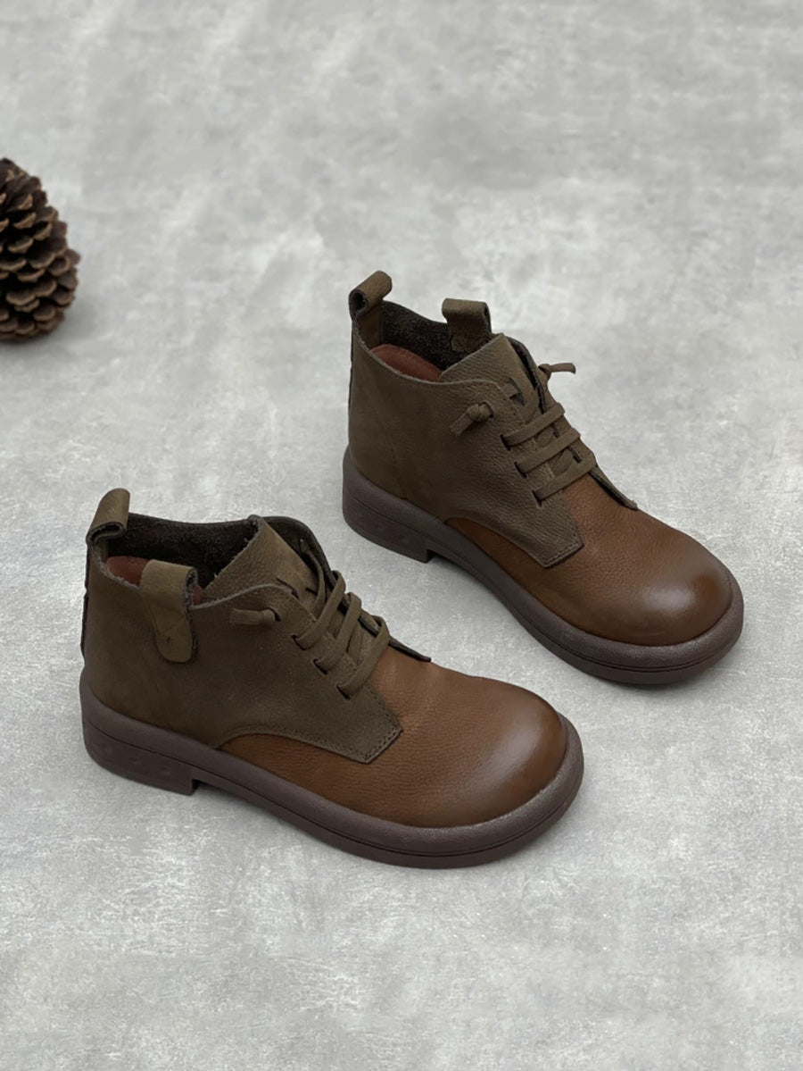 Women Retro Colorblock Leather Low Heel Boots