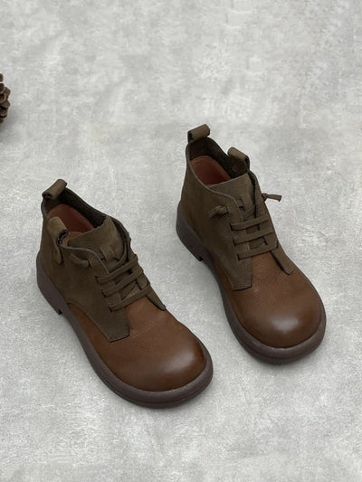 Women Retro Colorblock Leather Low Heel Boots