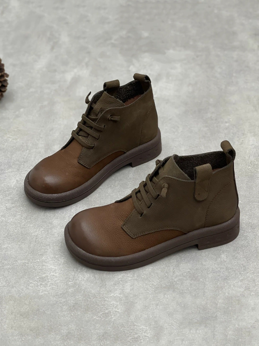 Women Retro Colorblock Leather Low Heel Boots