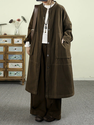 Women Autumn Pure Color O-Neck 100%Cotton Long Coat