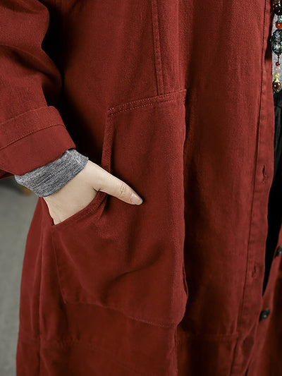 Women Autumn Pure Color O-Neck 100%Cotton Long Coat