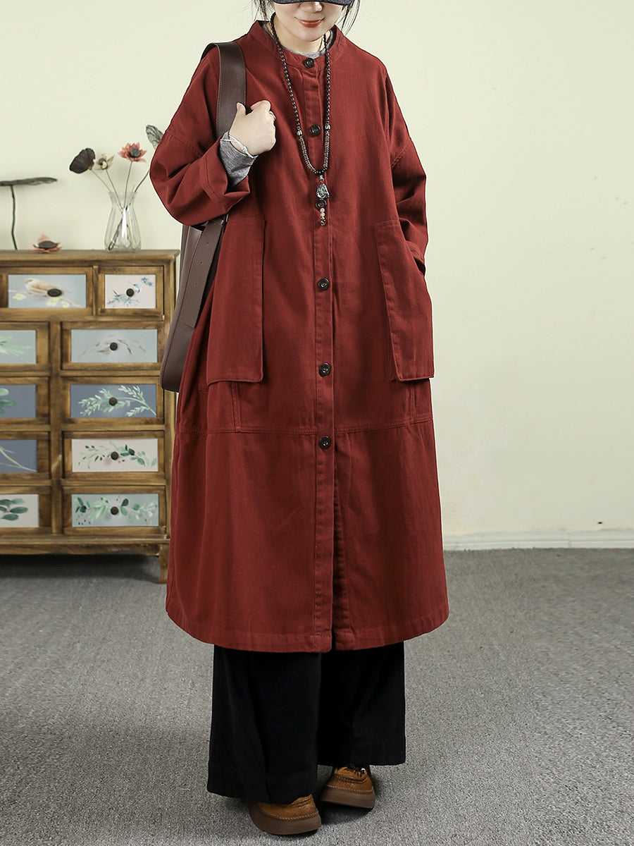 Women Autumn Pure Color O-Neck 100%Cotton Long Coat