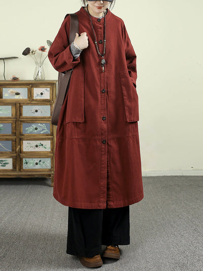 Women Autumn Pure Color O-Neck 100%Cotton Long Coat