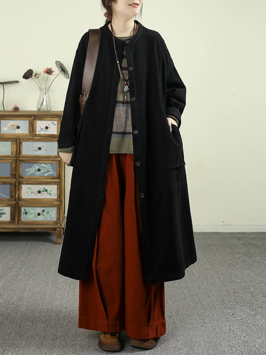 Women Autumn Pure Color O-Neck 100%Cotton Long Coat