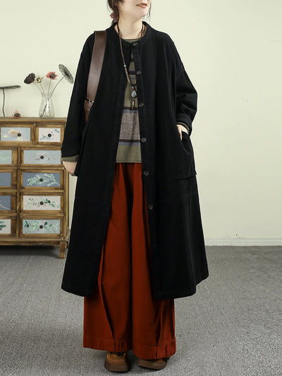 Women Autumn Pure Color O-Neck 100%Cotton Long Coat