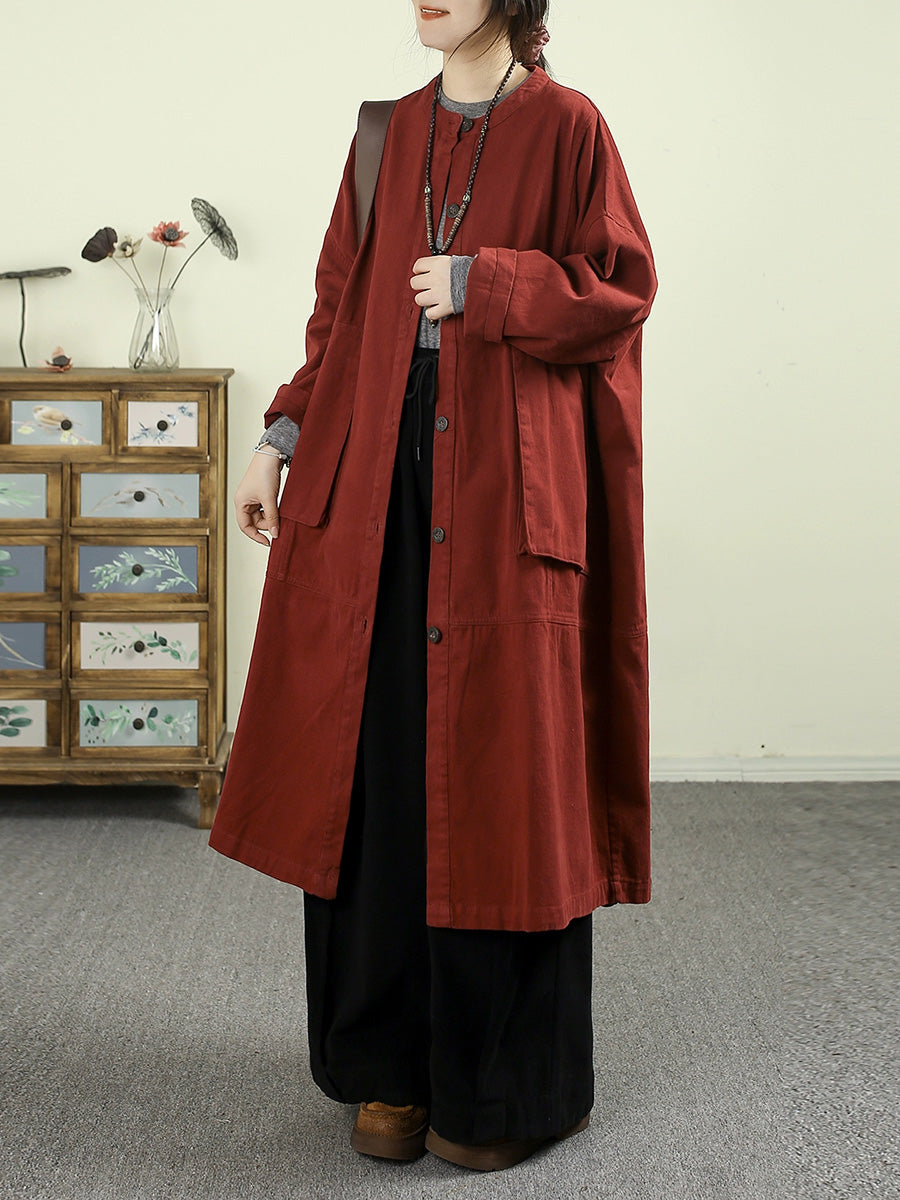 Women Autumn Pure Color O-Neck 100%Cotton Long Coat