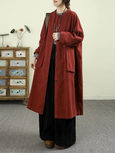 Women Autumn Pure Color O-Neck 100%Cotton Long Coat