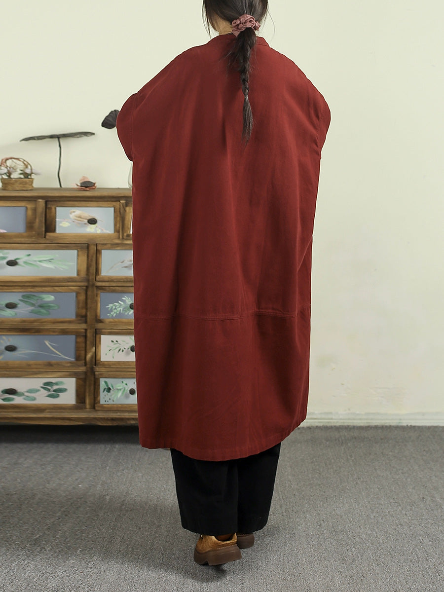 Women Autumn Pure Color O-Neck 100%Cotton Long Coat