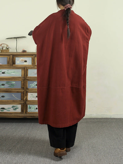 Women Autumn Pure Color O-Neck 100%Cotton Long Coat