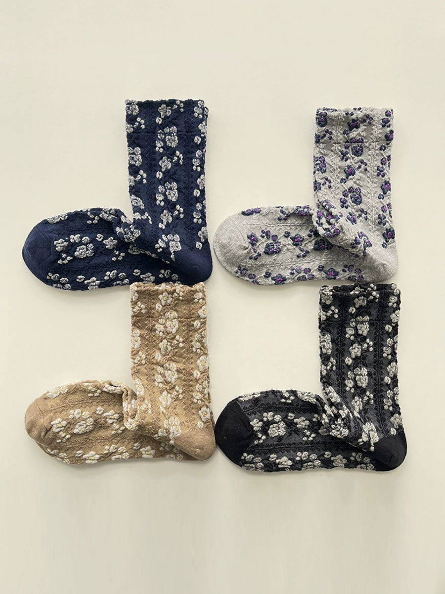 5 Pairs Women Artsy Flower Embossment Cotton Socks