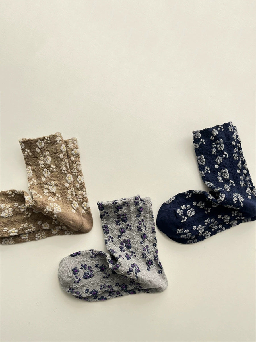 5 Pairs Women Artsy Flower Embossment Cotton Socks
