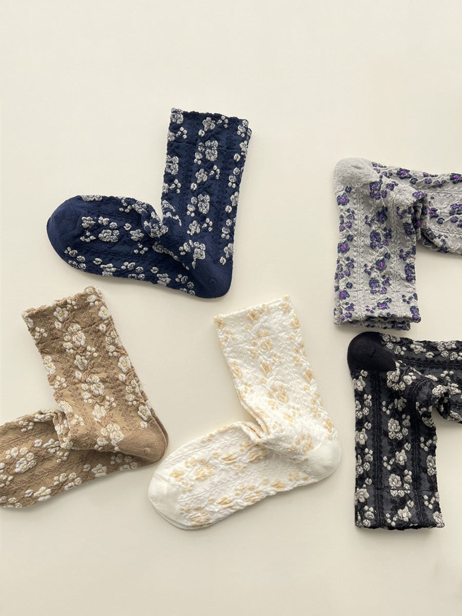 5 Pairs Women Artsy Flower Embossment Cotton Socks