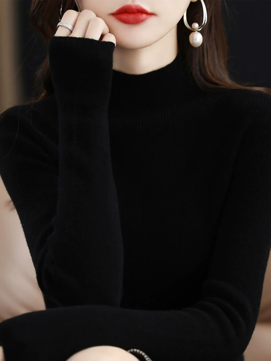 Women Autumn Pure Color Wool Half-Turtleneck Sweater