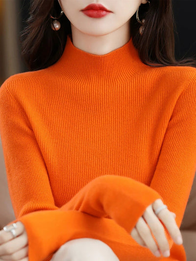 Women Autumn Pure Color Wool Half-Turtleneck Sweater