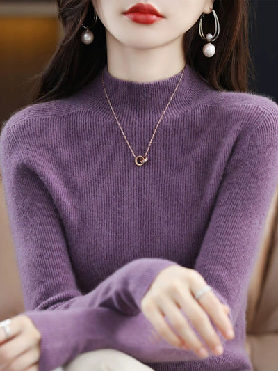 Women Autumn Pure Color Wool Half-Turtleneck Sweater