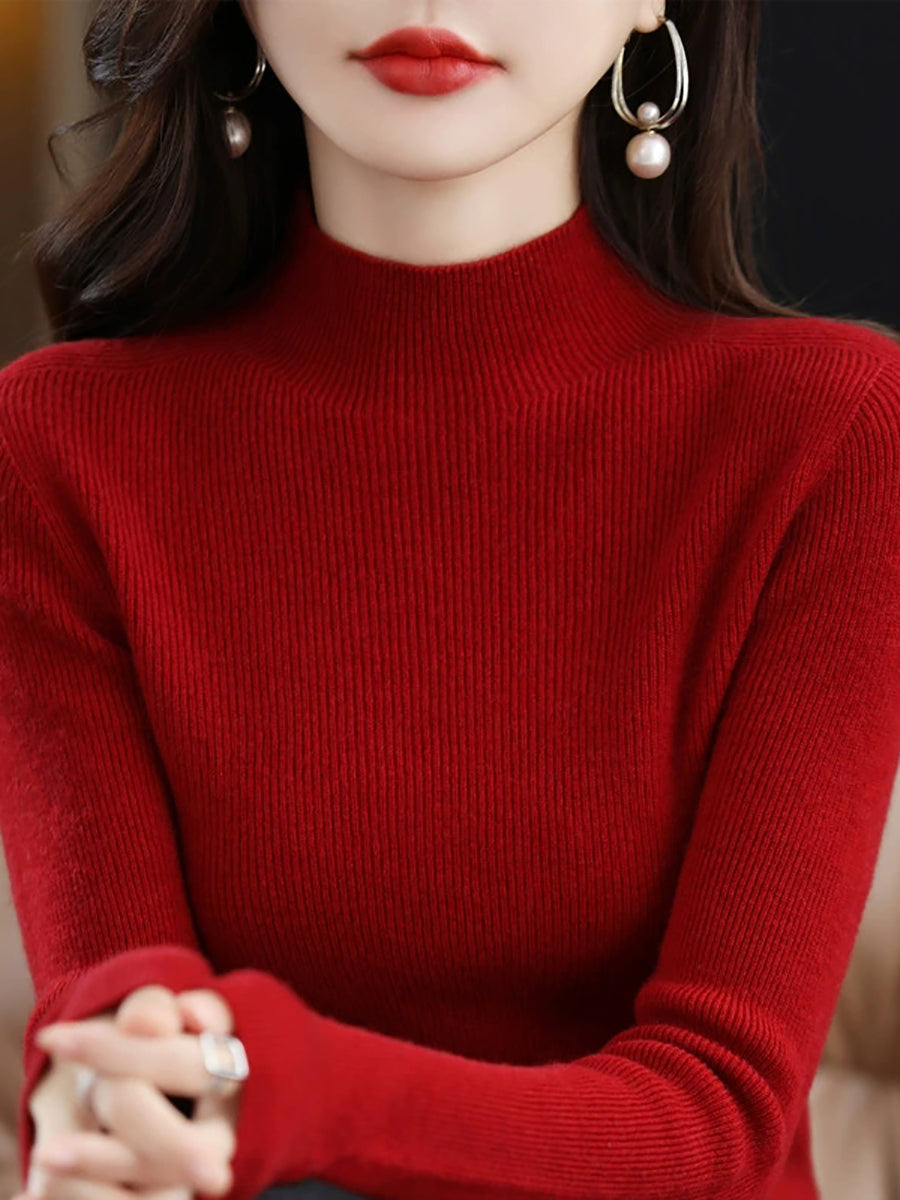 Women Autumn Pure Color Wool Half-Turtleneck Sweater