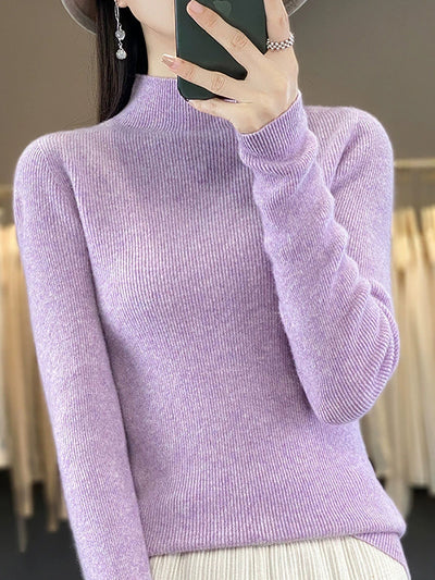 Women Autumn Pure Color Wool Half-Turtleneck Sweater