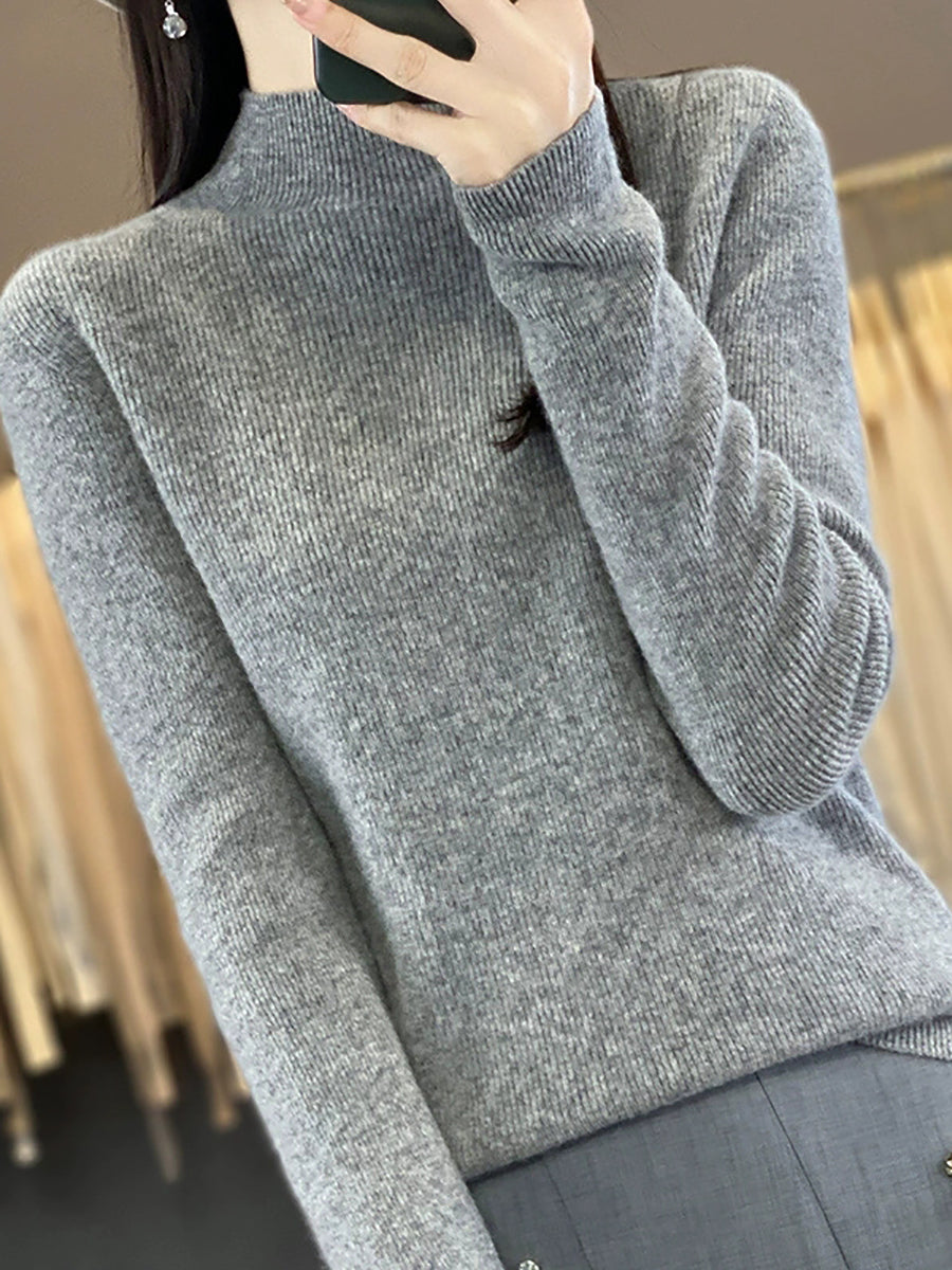 Women Autumn Pure Color Wool Half-Turtleneck Sweater