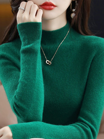 Women Autumn Pure Color Wool Half-Turtleneck Sweater